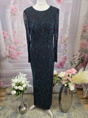 Vintage Serenade Perlen Seide Maxikleid türkis schwarz Abschlussball Abendkleid 12 Gala