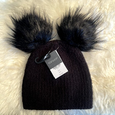 Topshop Black Knit Double Faux Fur Pom-Pom Beanie Hat