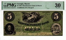 1862 $5 Georgia Manufacturers Bank Of Macon GA200G24a - PMG 30 VF