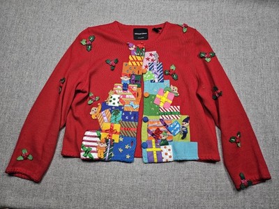 VINTAGE Michael Simon Sweater Womens XL Red Christmas Gifts Ugly Cardigan 2000s