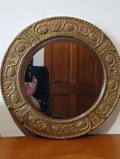 14" diameter brass ornate bevelled edge mirror with wood back
