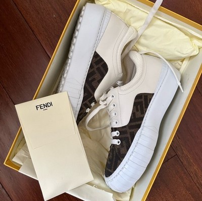 Fendi Force Brown FF Canvas White Platform FF Logo Low Top Trainer Sneaker 37
