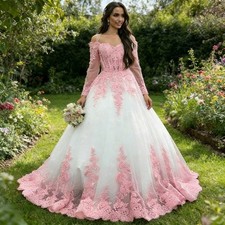 A-Line Ivory And Pink Wedding Dresses Lace Appliques Long Sleeves Straps Gowns