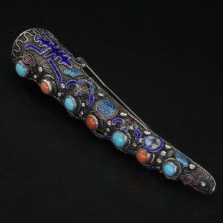 VTG Sterling Silver CHINESE EXPORT Turquoise & Coral Fingernail Guard Brooch 13g