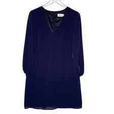Eliza J 8 NEW Chiffon Long Sleeve Shift Dress V Neck Navy Blue Wedding Guest