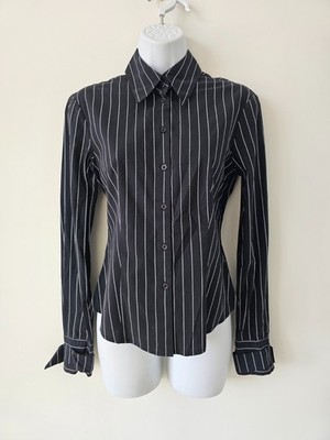 ESPRIT Black White Stripe Cotton Blend Sleeve Buckle Detail Shirt Top 160/80A