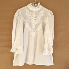 Vintage Tunika Bluse Spitze Puffärmel Stehkragen Trachtenbluse Gr.40/42