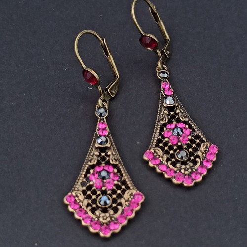 Michal Negrin Earrings Hot Pink Magenta Art Deco Mesh Long Crystals Ethnic Gift - Picture 7 of 15