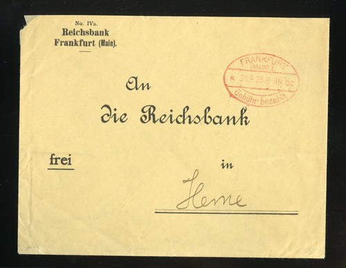 DR BANK-BRIEF GEBÜHR BEZAHLT FRANKFURT MAIN 21.9.1923 GEPRÜFT (966383)
