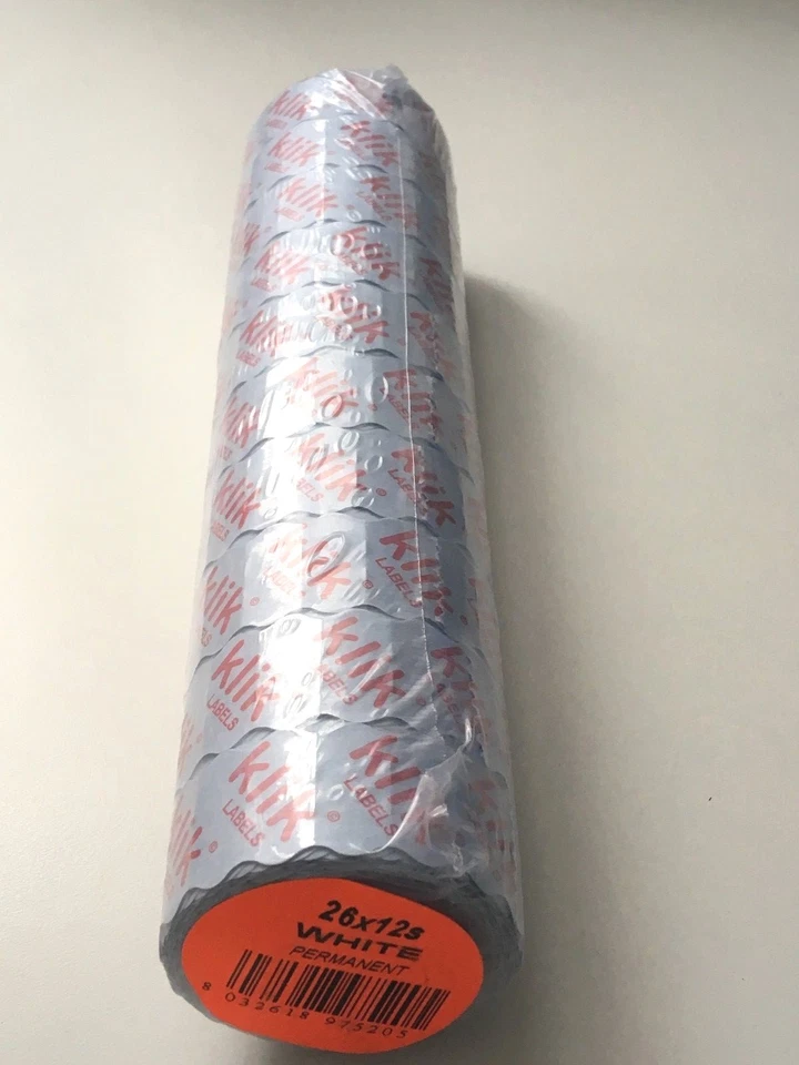 Klik K6 - K8 26x12 Price Gun Labels White Permanent Rolls 10x Rolls - 15K Labels