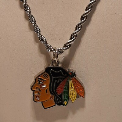 CHICAGO BLACKHAWKS Pendant Charm / 24'' STAINLESS STEEL 4MM ROPE CHAIN NECKLACE 