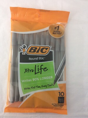 Bic Round Stic Xtra Life Ballpiont Pens Medium Black Ink 10ct Brand New Sealed 