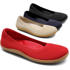 Women Wide Toe Knit Flat Shoes Breathable Lightweight Slip On Office Work Shoes