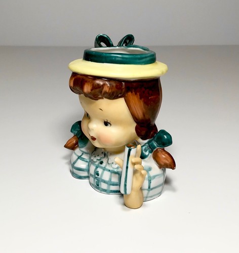 NAPCO HEAD VASE GIRL BLUE CHECKED DRESS HAT VINTAGE ORIGINAL JAPAN CERAMIC - Picture 2 of 11