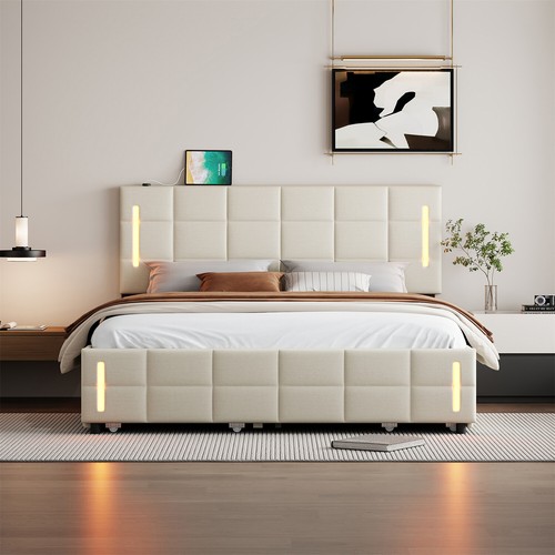 Queen Size Bed Frame Upholstered Platform Bed w/ Pull Out Trundle and 2 Drawers - Picture 4 of 48