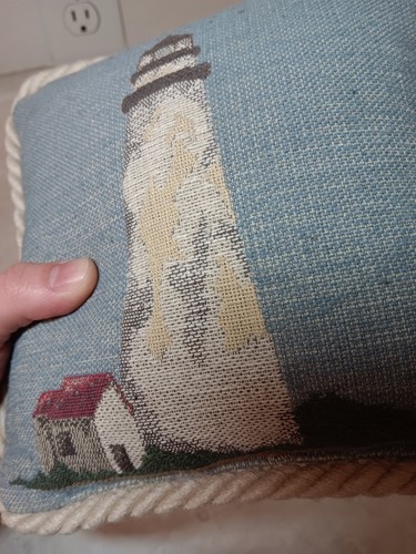 Vtg Decorative Small Lighthouse Pillow Embroidery w/ Rope 8" X 8" Fisherman Gift - Picture 3 of 11