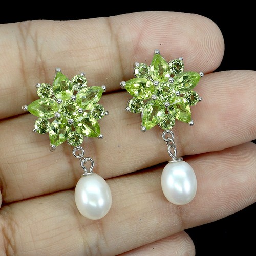 925 Sterling Silver Earrings Pear Peridot Mop Natural Gemstone Jewelry - Picture 2 of 13