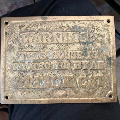 This House Is Protected by a Attack Cat  Vintage Brass Wall Door Plaque