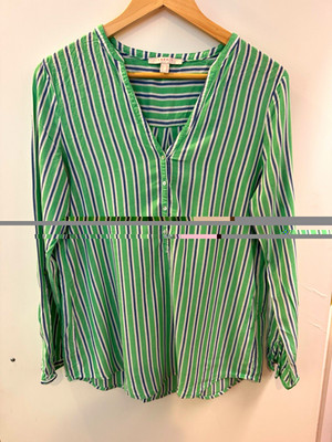Esprit Green/White/Blue Striped Woven Viscose V-Neck Button Blouse Women's