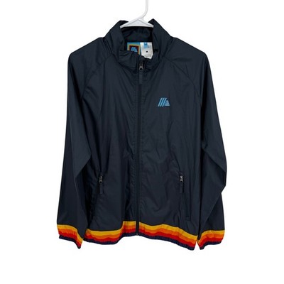 ALDI Windbreaker Jacket Sz Medium Blue Track Jacket Rainbow Stripe Logo Unisex