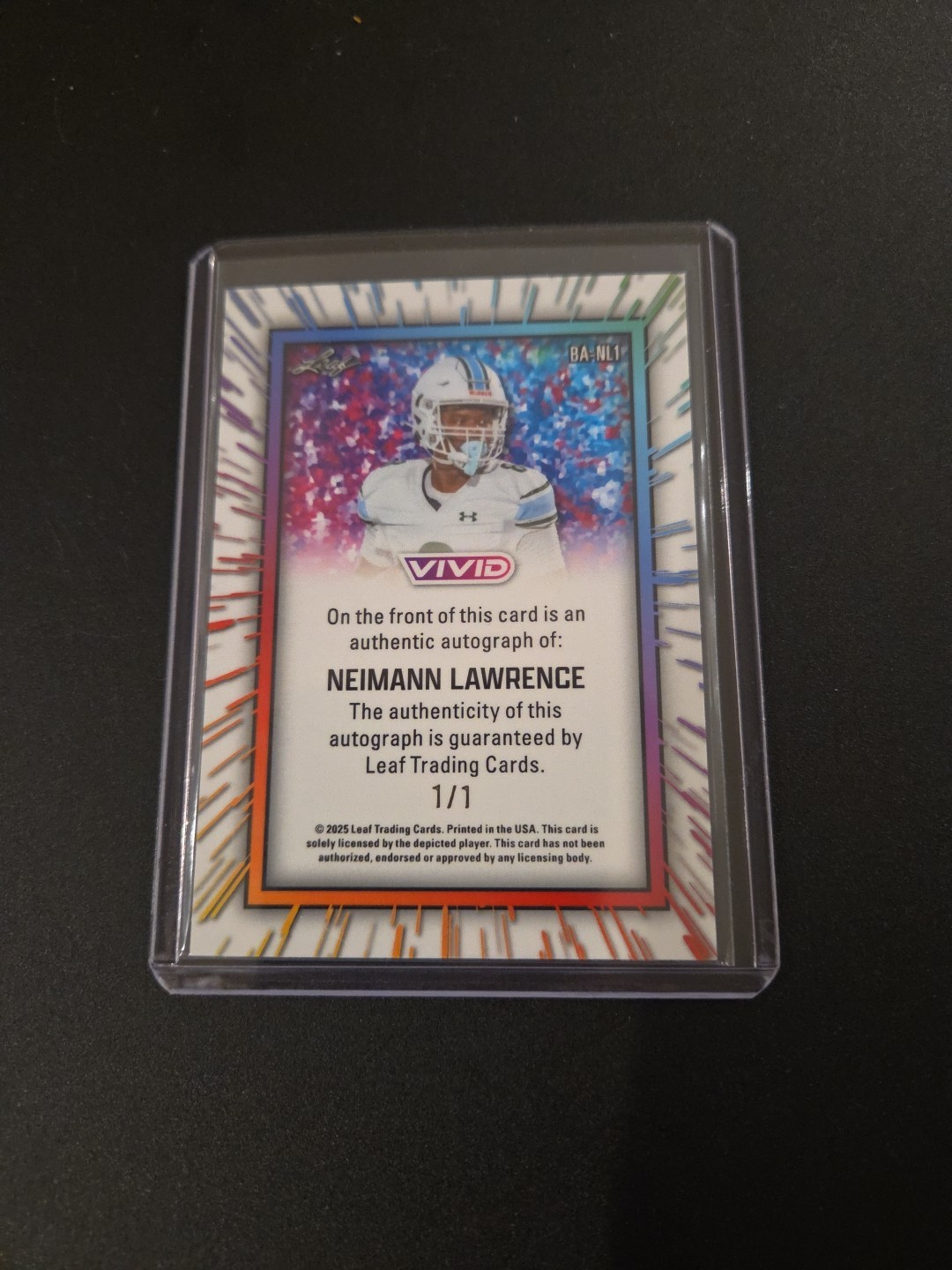 2025 Leaf VIVID Football Neimann Lawrence AUTO Orange Ice 1/1 Top QB Recruit  view 3