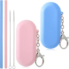 2 Sets Silicone Reusable Straws with Case, Portable Travel Straw with 2 Cleaning