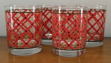 VTG Georges Briard Signed Mid-Century Red Plaid Double Old Fashion Glasses Set/4