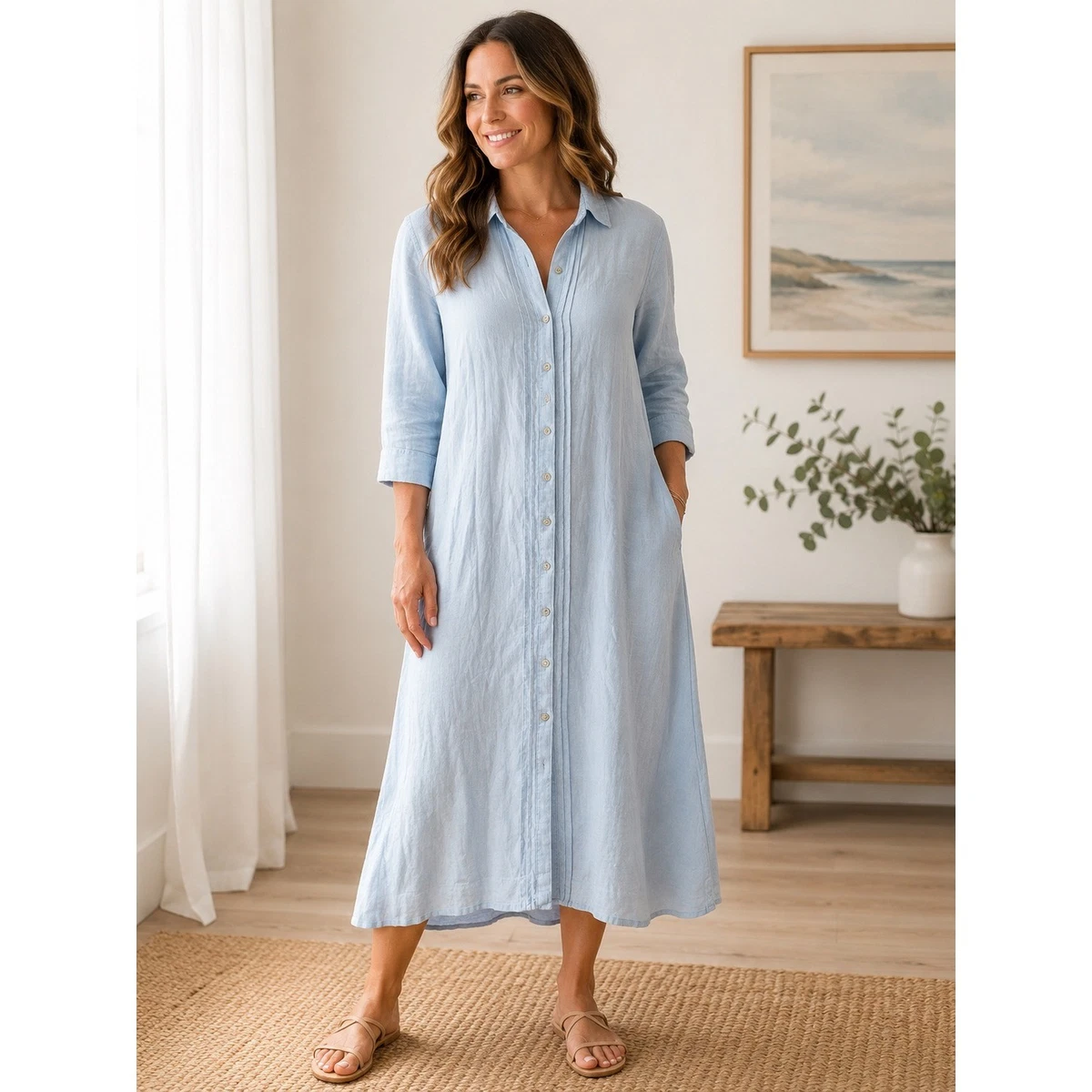 calypso st barth linen shirt dress Calypso St. Barth Dress Shirt Maxi Sz M Linen Button Front 3/4 Sleeve Blue White