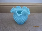 Fenton Turquoise Blue Milk Glass Hobnail Double Ruffle Vase, 4.5” Ht, 1950’s