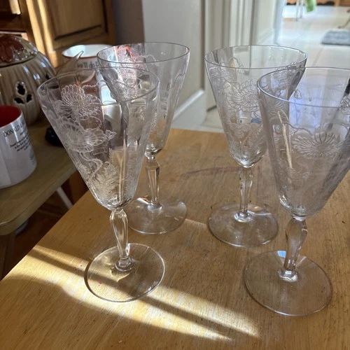 Fostoria Rogene Poppy Water Wine Goblets 7 1/2" Depression Crystal Antique Set 4