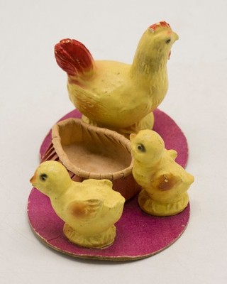 Vintage 1950s Japan Chalkware Easter Candy Container Chicken Chicks Paper Nest