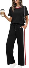 Wiholl Lounge Set 2 Piece Outfit Women's M Black SS Stretch Travel Beach NWT