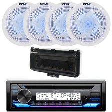 Marine Bluetooth CD Receiver, 4x 4" 100W Blue Flash LED Speakers, Cover White 