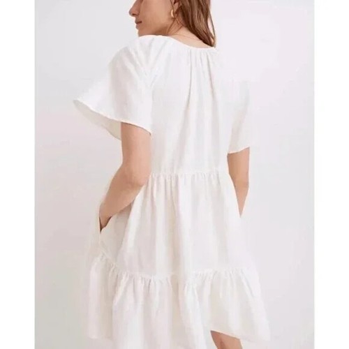 Madewell Damen Minikleid weiß Leinenmischung Flatterärmel Stufen Knopf Gr. M - Bild 3 von 8