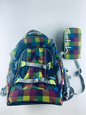 Satch Schulrucksack mit Mäpchen und Regenschutz / Ranzen / Karomuster Bunt