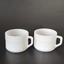 Federal Ribbed Milk Glass Coffee Mug Cup White Stackable Set Of 2