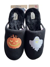 Dluxe by Dearfoams Women's Size XL Slip on Slippers Black Pumpkin Ghost