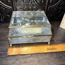 Brass And Stained Glass Trinket Box Mirrored Vintage Beveled Lid