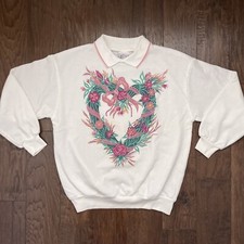 Vtg 90s Collared Sweatshirt Sz M White Floral Hearts USA Made Granny Cottagecore