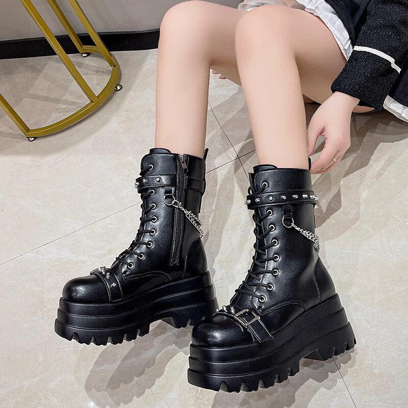 Platform Thick Gothic Boots Ladies Buckle Wedge Mid Calf Boots Motorcycle  Chain - Main Image