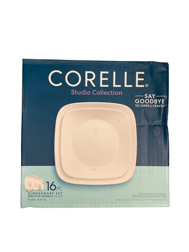 Corelle Studio PURE WHITE 16 Pcs SQUARE Dinnerware & Mugs Dish Set Vitrelle NEW
