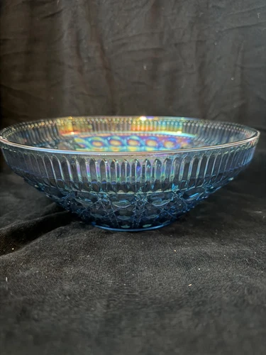 Vintage Indiana Glass Windsor Button Blue Iridescent Carnival Glass Large Bowl