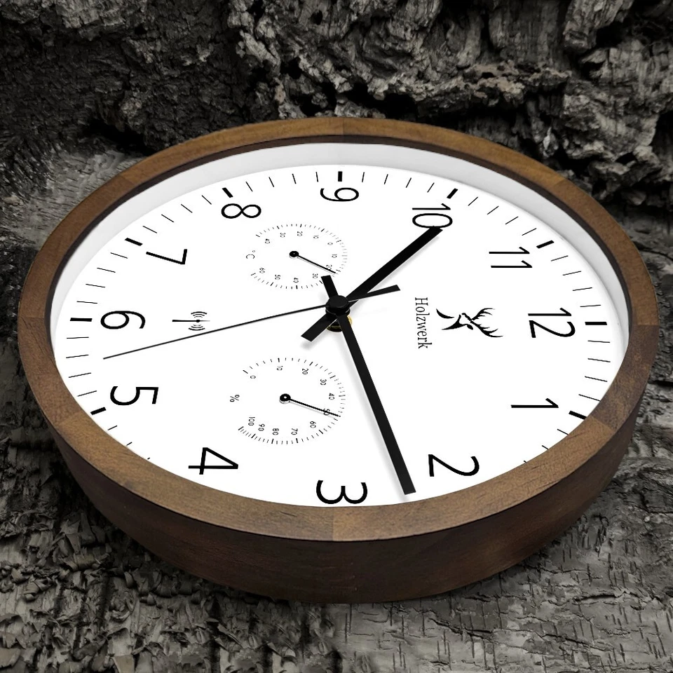 Holzwerk WEGBERG (FUNK) Holz Wanduhr, 30 cm Ø Hygro- & Thermometer Funkwanduhr - Bild 4 von 4