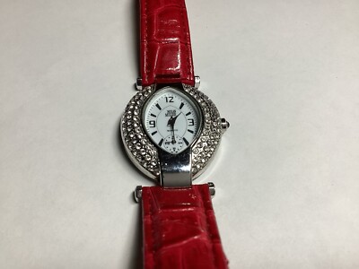 Nolan Miller Watch Women Silver Tone Crystal Red Leather Band
