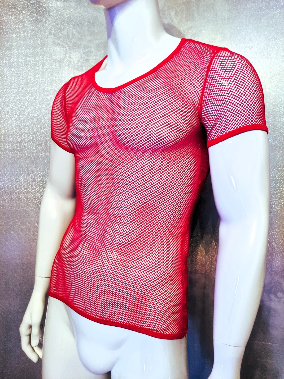 ALTRA NUOVO! Camicia a rete maniche corte uomo shirt top super soft stretch sexy scollo a V rosso taglia 1