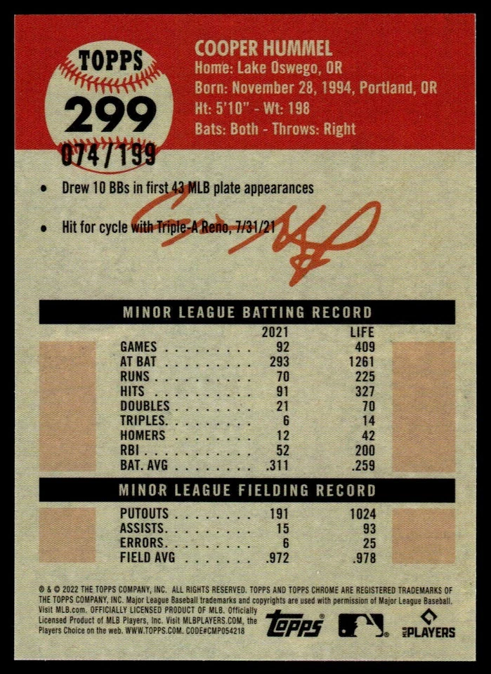 2022 TOPPS CHROME PLATINUM BLUE REFRACTOR Cooper Hummel Rookie /199 Arizona - Image 2 of 2