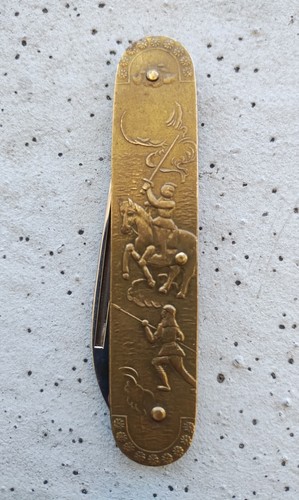 VINTAGE JAPANESE BRASS NOVELTY FIGHTING SOLDIER FOLDING POCKET KNIFE, RARE, VG! - Picture 4 of 15