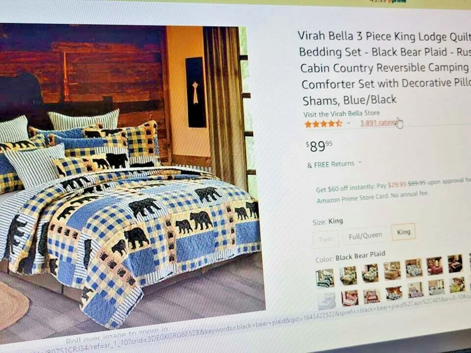 KING Yellow Blue Plaid Printed Primitive 3pc Quilt Set Bear Cub Paws - Image 2 of 4