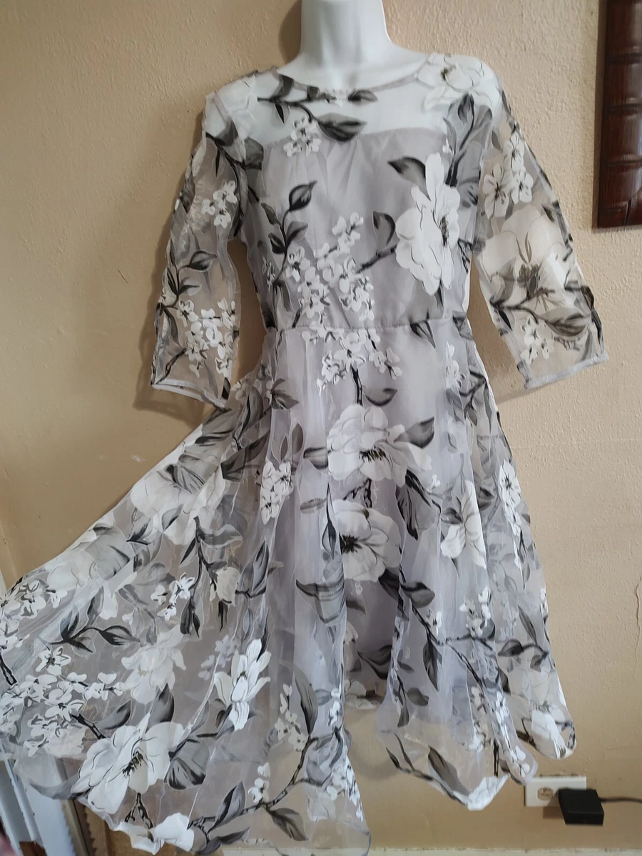 NWT Silver White Floral Print Chiffon Sheer Dress Fashion Mia