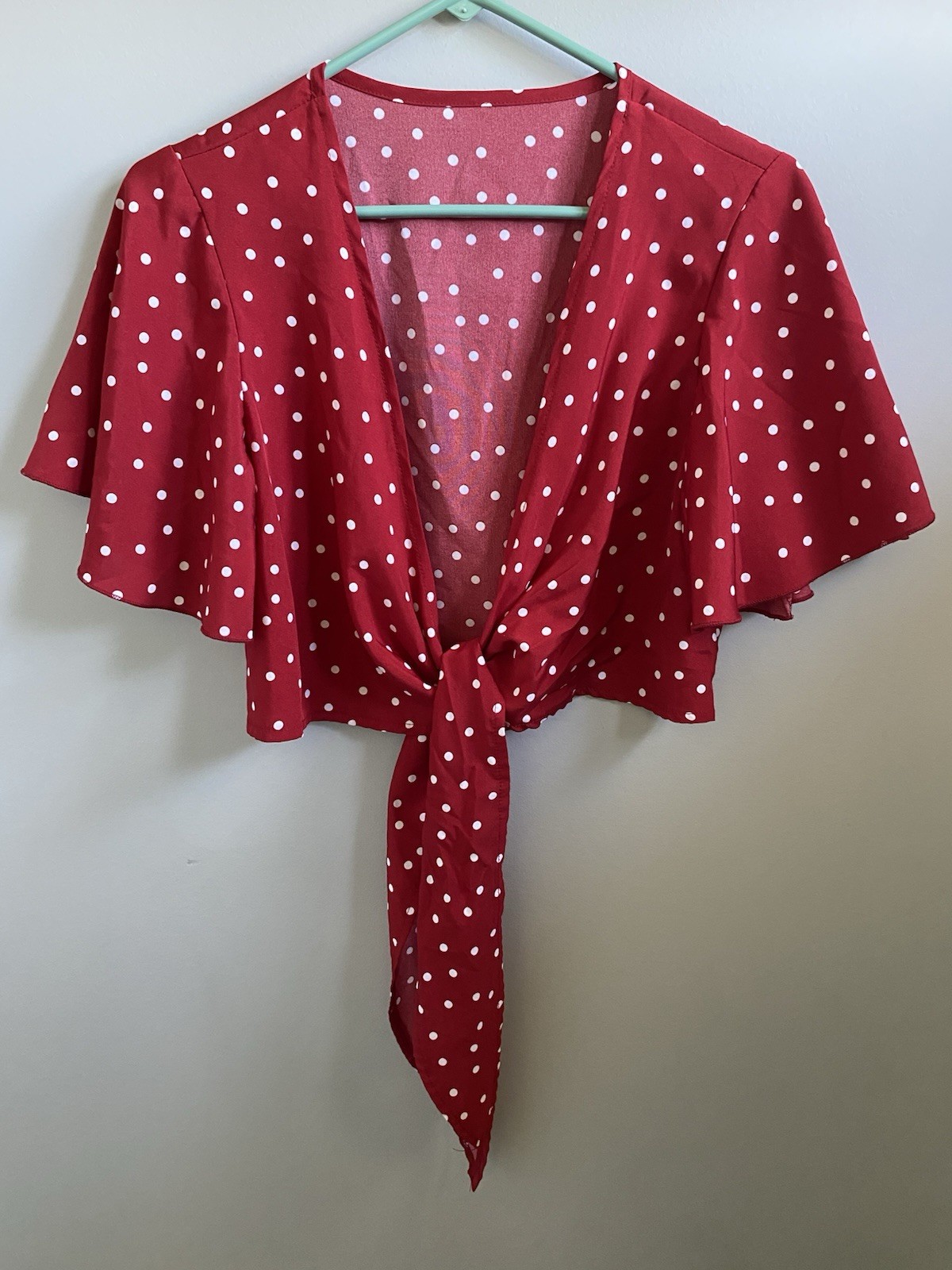 Shein Cropped Red Polka Dot Short Flutter Sleeve Tie Front Women's Top Sz Small
